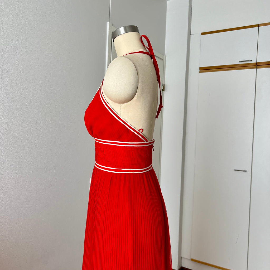1970s Vintage Yvette Red Pleated Maxi Dress-Empire Waist Plissé Party Dress EU 36