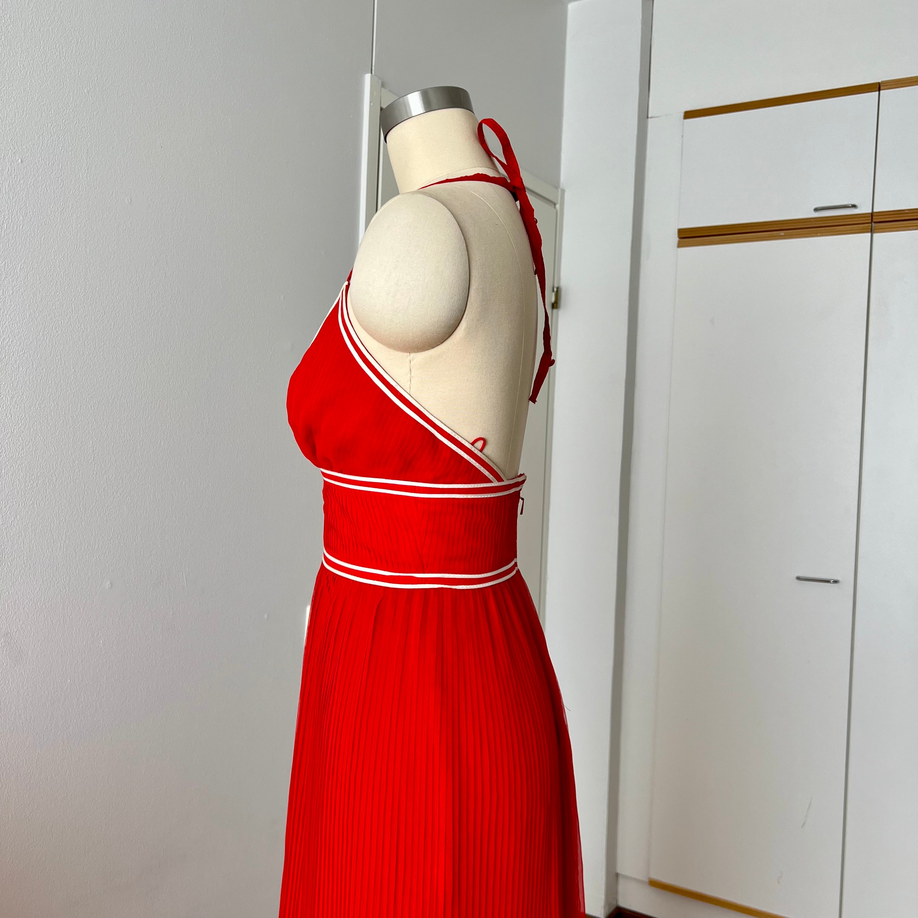 1970s Vintage Yvette Red Pleated Maxi Dress-Empire Waist Plissé Party Dress EU 36