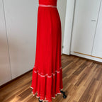 1970s Vintage Yvette Red Pleated Maxi Dress-Empire Waist Plissé Party Dress EU 36