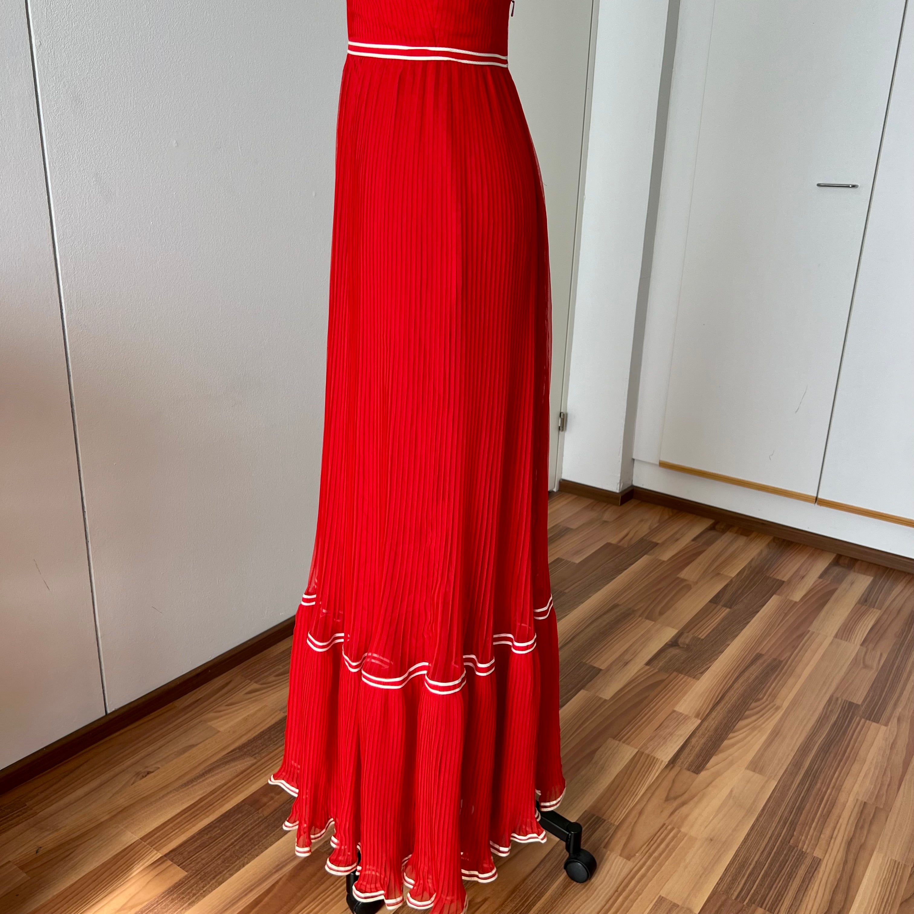 1970s Vintage Yvette Red Pleated Maxi Dress-Empire Waist Plissé Party Dress EU 36