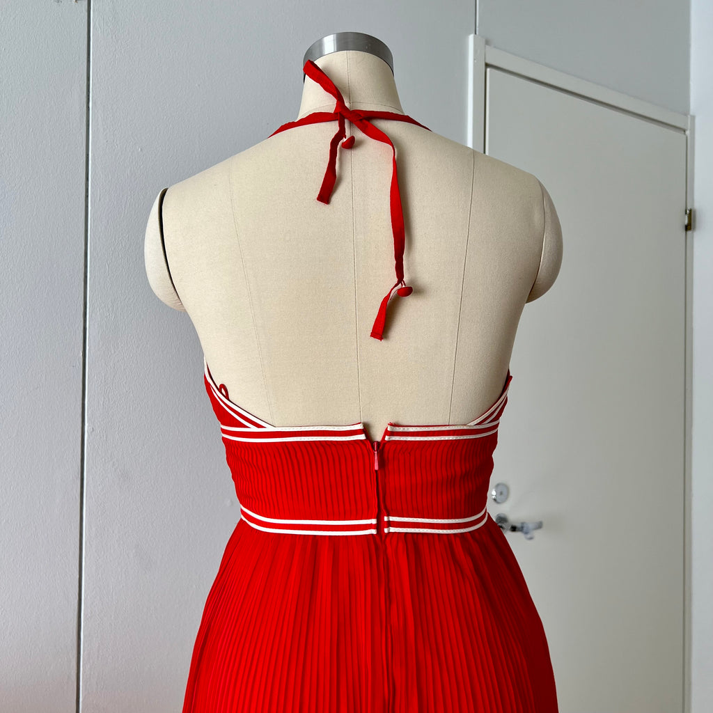 1970s Vintage Yvette Red Pleated Maxi Dress-Empire Waist Plissé Party Dress EU 36