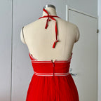 1970s Vintage Yvette Red Pleated Maxi Dress-Empire Waist Plissé Party Dress EU 36