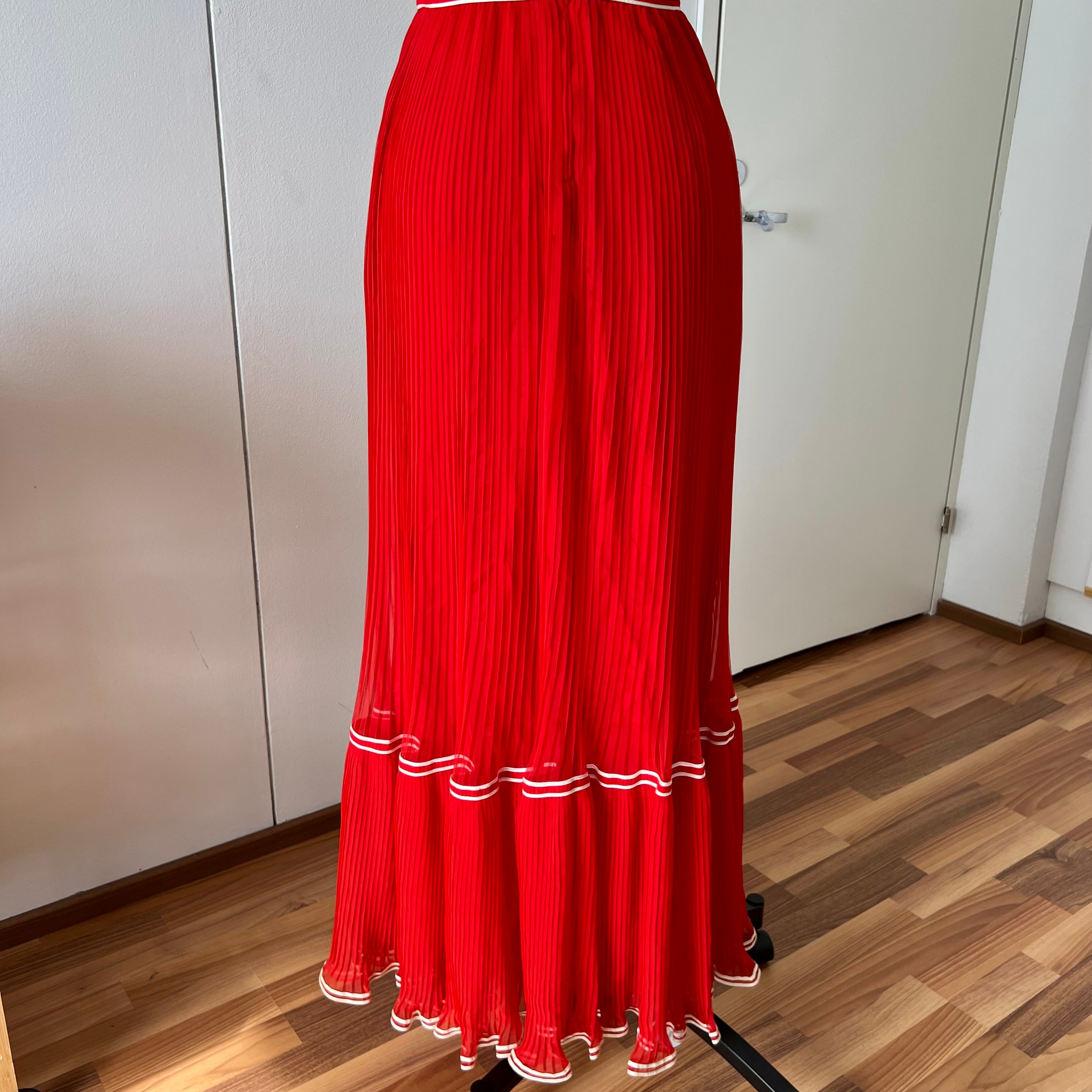 1970s Vintage Yvette Red Pleated Maxi Dress-Empire Waist Plissé Party Dress EU 36