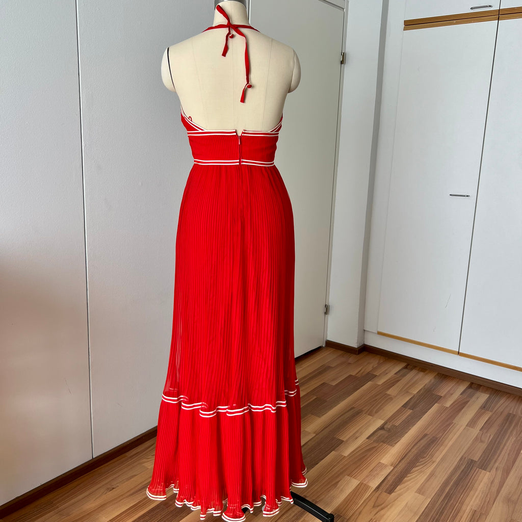 1970s Vintage Yvette Red Pleated Maxi Dress-Empire Waist Plissé Party Dress EU 36