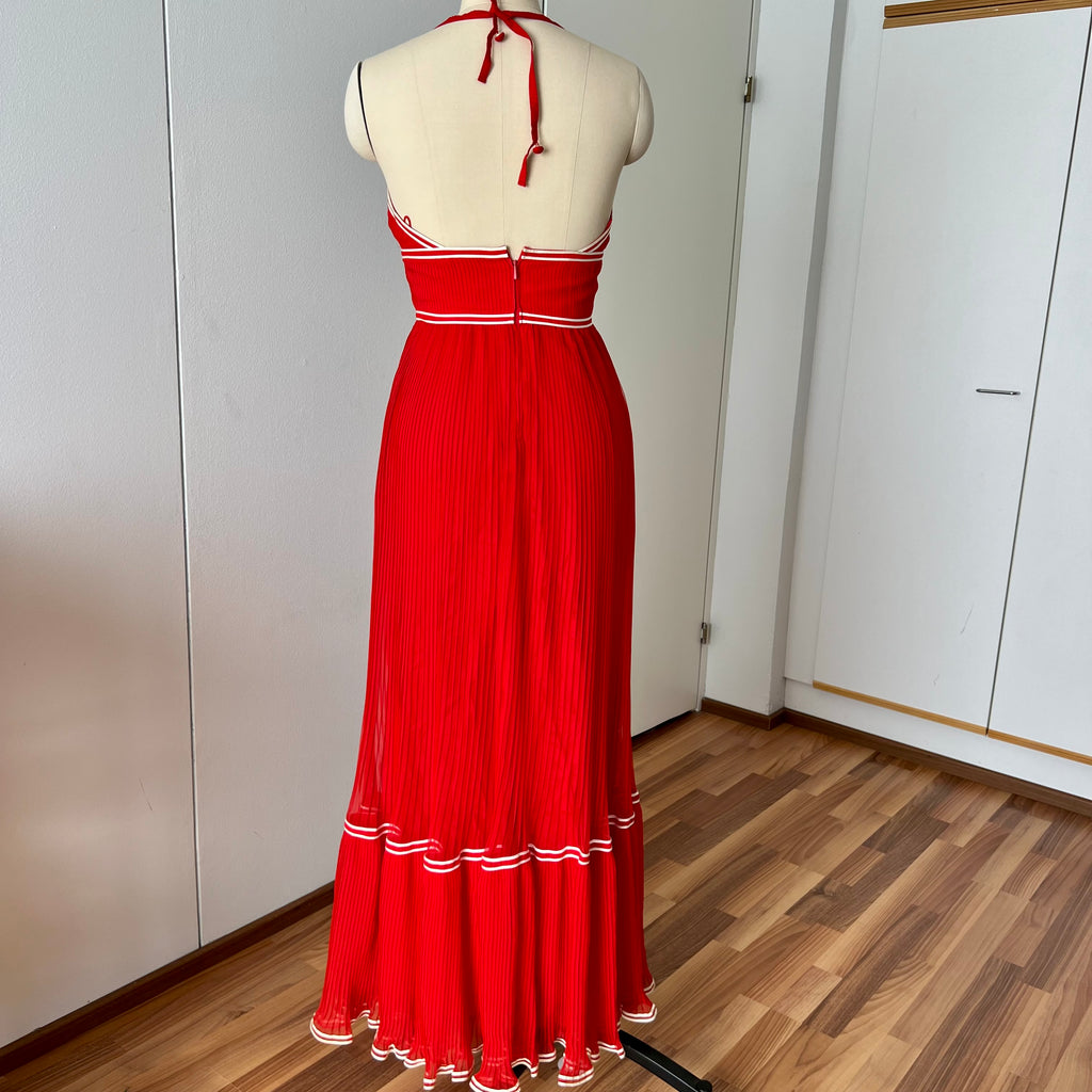 1970s Vintage Yvette Red Pleated Maxi Dress-Empire Waist Plissé Party Dress EU 36