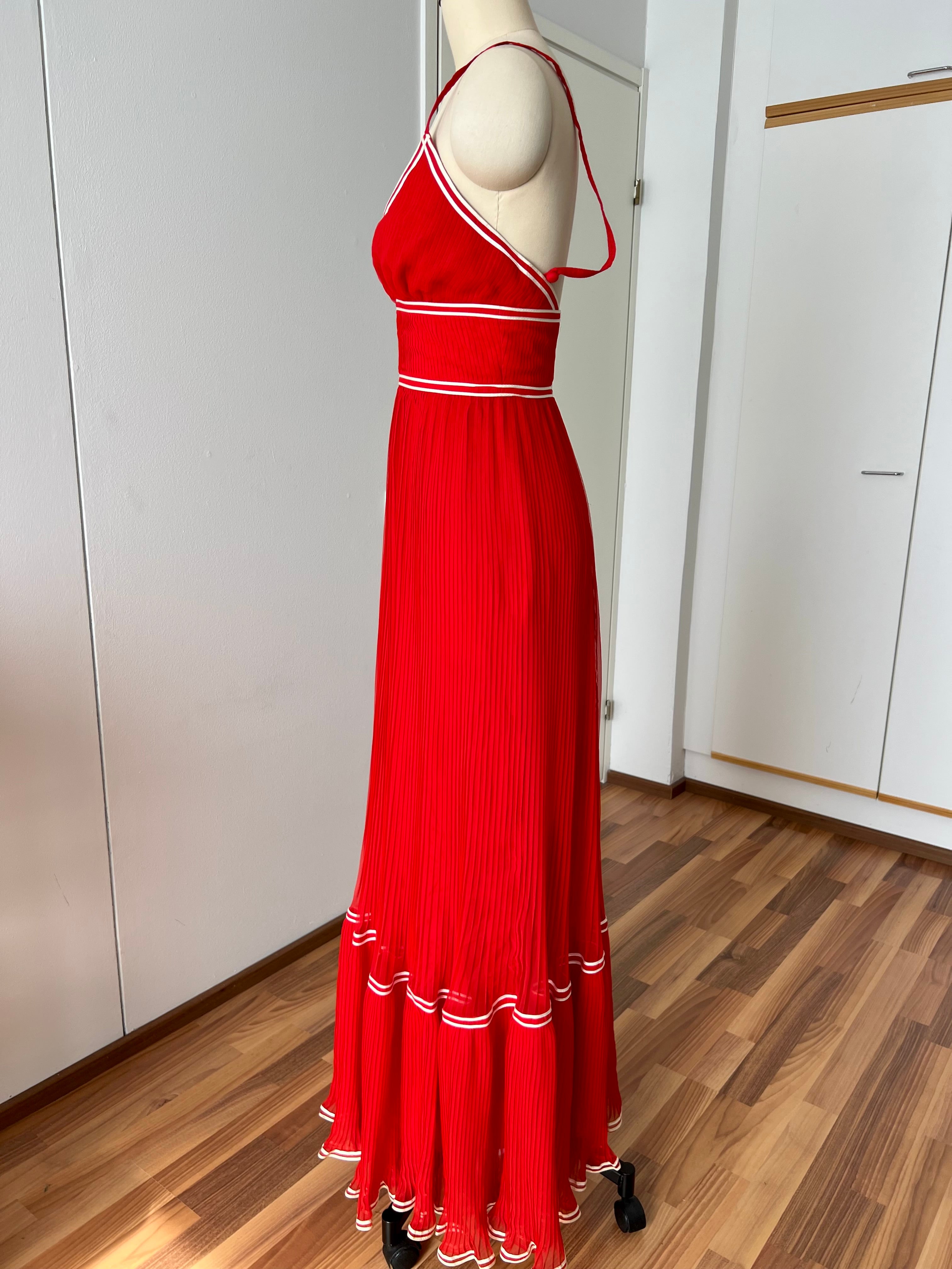 1970s Vintage Yvette Red Pleated Maxi Dress-Empire Waist Plissé Party Dress EU 36