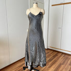 Y2K  Silver Slip Spaghetti Straps Dress-Liquid Mettalic Crinkle Maxi Dress