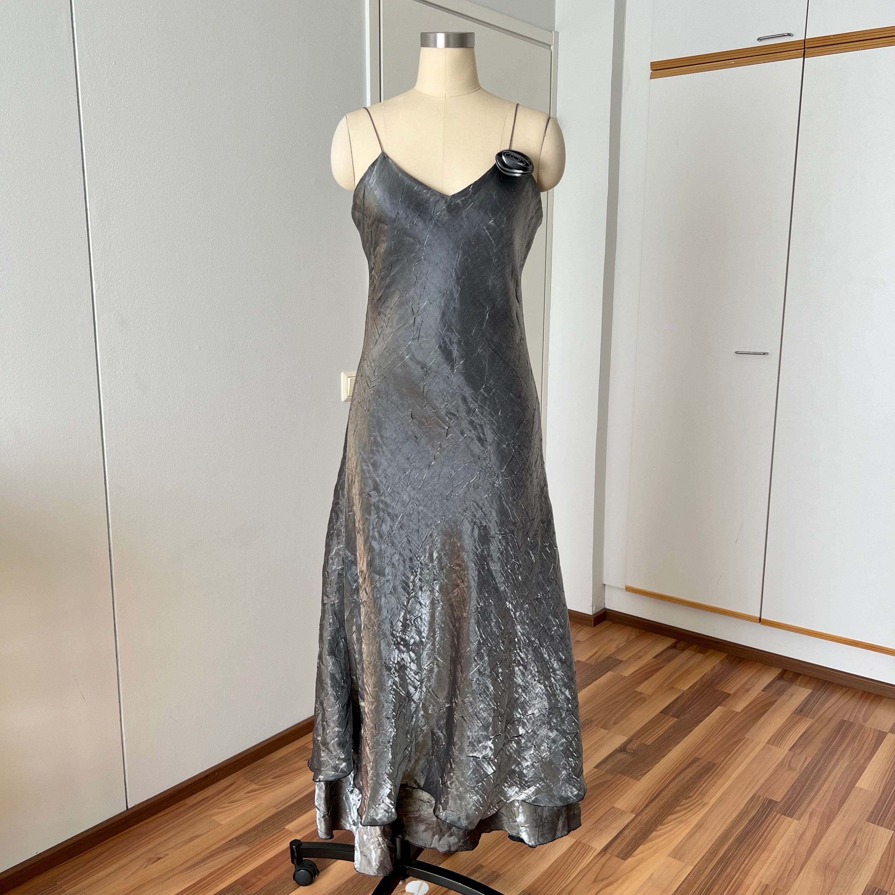 Y2K  Silver Slip Spaghetti Straps Dress-Liquid Mettalic Crinkle Maxi Dress