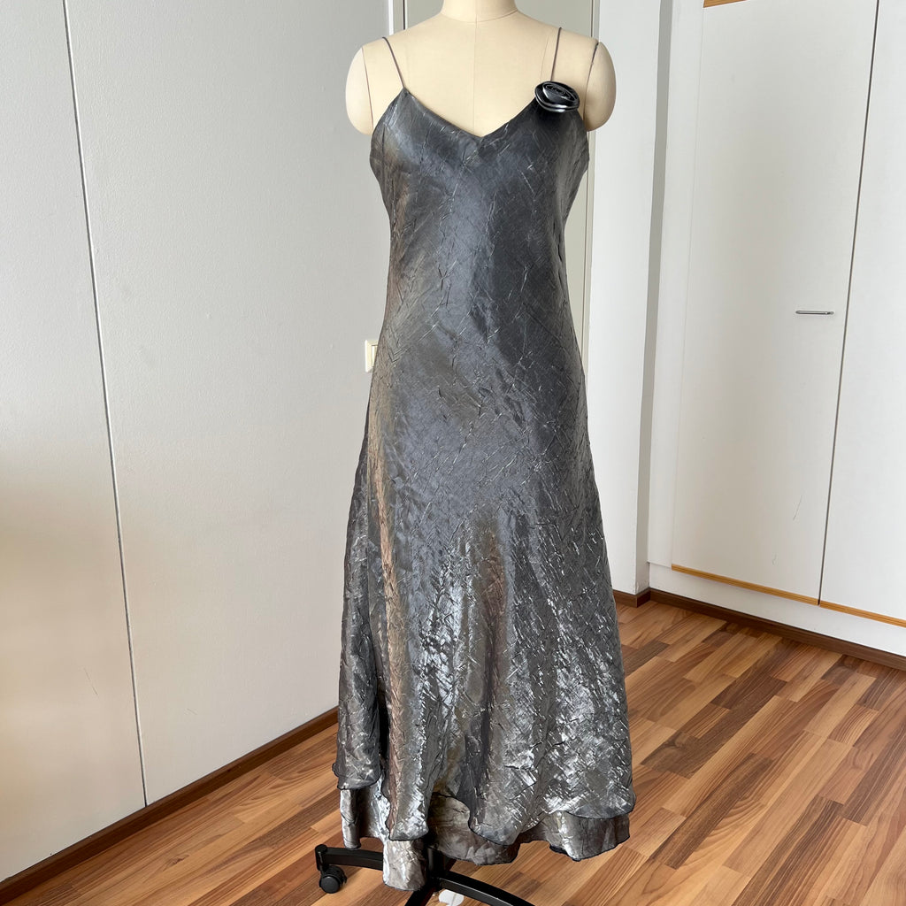 Y2K  Silver Slip Spaghetti Straps Dress-Liquid Mettalic Crinkle Maxi Dress
