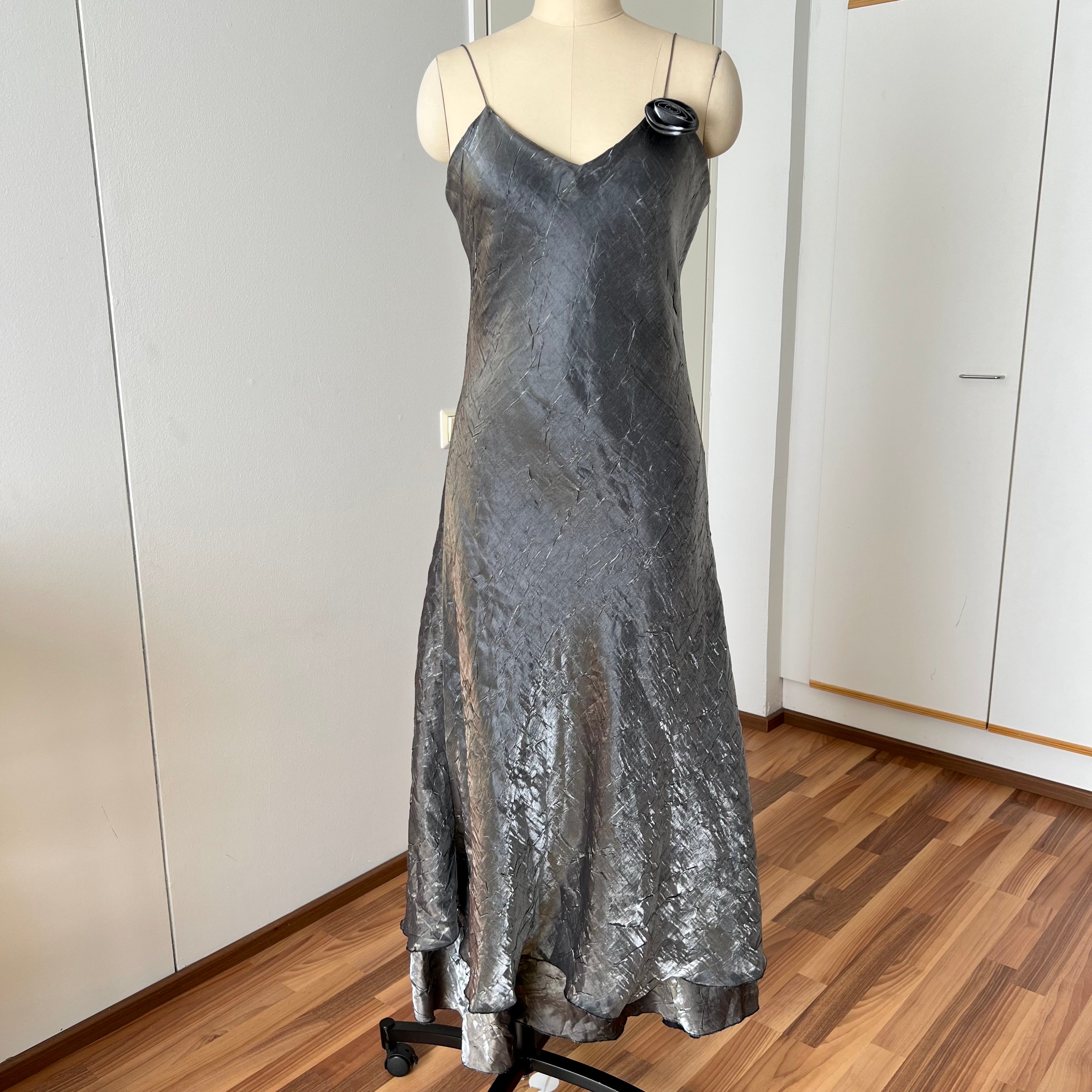 Y2K  Silver Slip Spaghetti Straps Dress-Liquid Mettalic Crinkle Maxi Dress