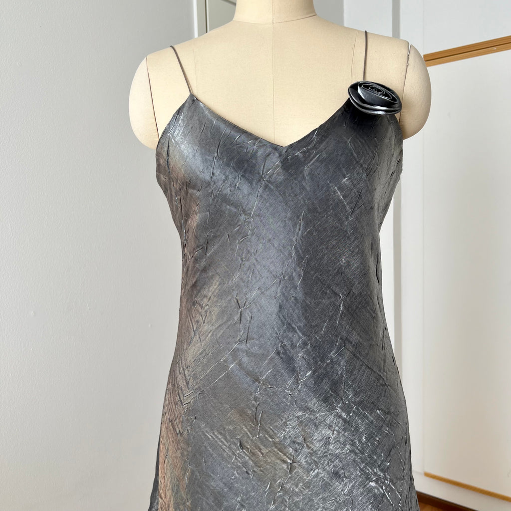 Y2K  Silver Slip Spaghetti Straps Dress-Liquid Mettalic Crinkle Maxi Dress