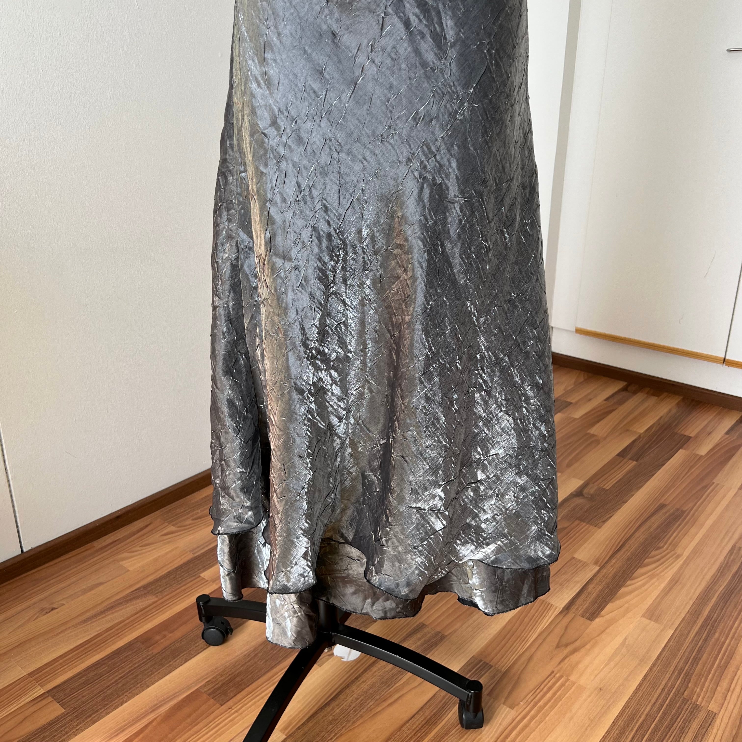 Y2K  Silver Slip Spaghetti Straps Dress-Liquid Mettalic Crinkle Maxi Dress