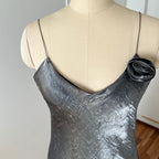 Y2K  Silver Slip Spaghetti Straps Dress-Liquid Mettalic Crinkle Maxi Dress