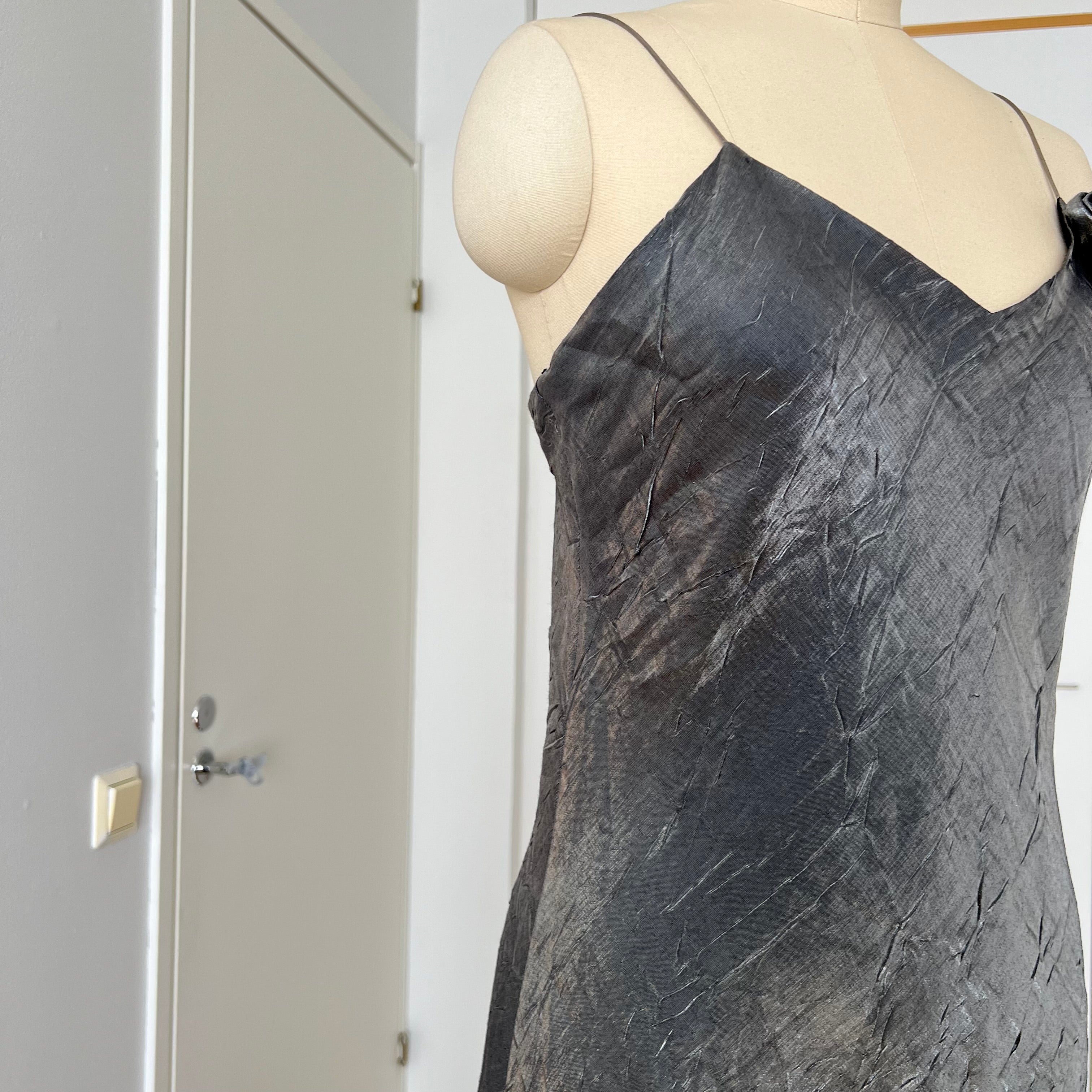 Y2K  Silver Slip Spaghetti Straps Dress-Liquid Mettalic Crinkle Maxi Dress