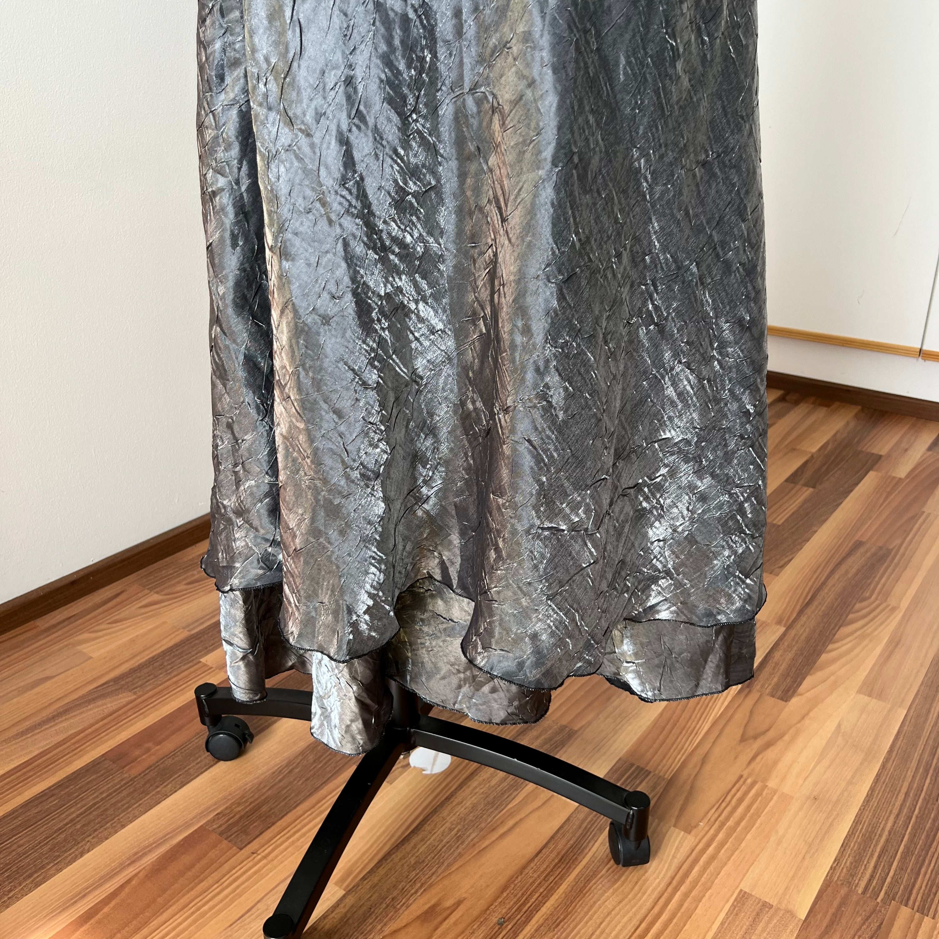 Y2K  Silver Slip Spaghetti Straps Dress-Liquid Mettalic Crinkle Maxi Dress