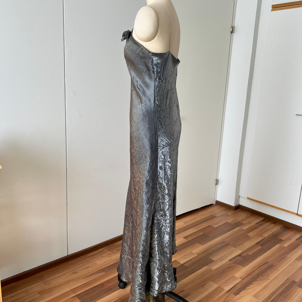 Y2K  Silver Slip Spaghetti Straps Dress-Liquid Mettalic Crinkle Maxi Dress