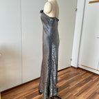 Y2K  Silver Slip Spaghetti Straps Dress-Liquid Mettalic Crinkle Maxi Dress