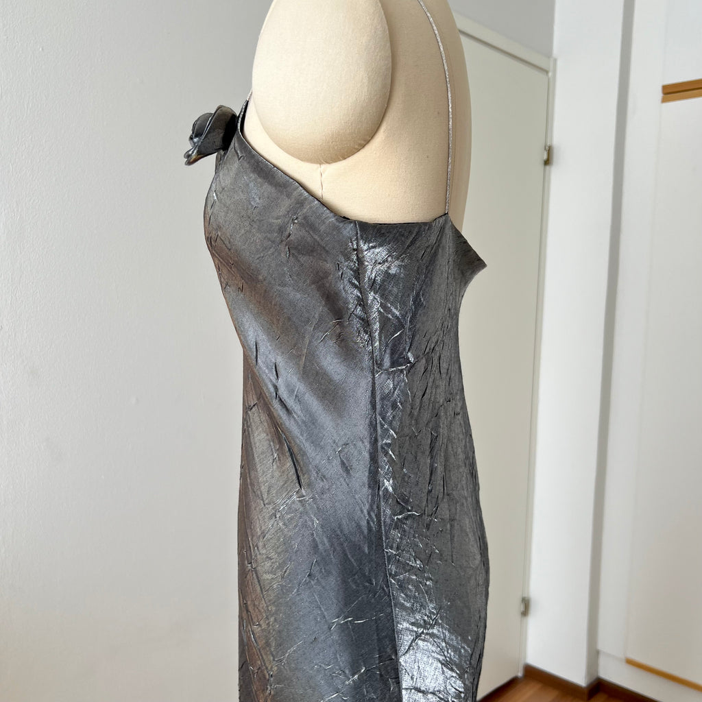 Y2K  Silver Slip Spaghetti Straps Dress-Liquid Mettalic Crinkle Maxi Dress