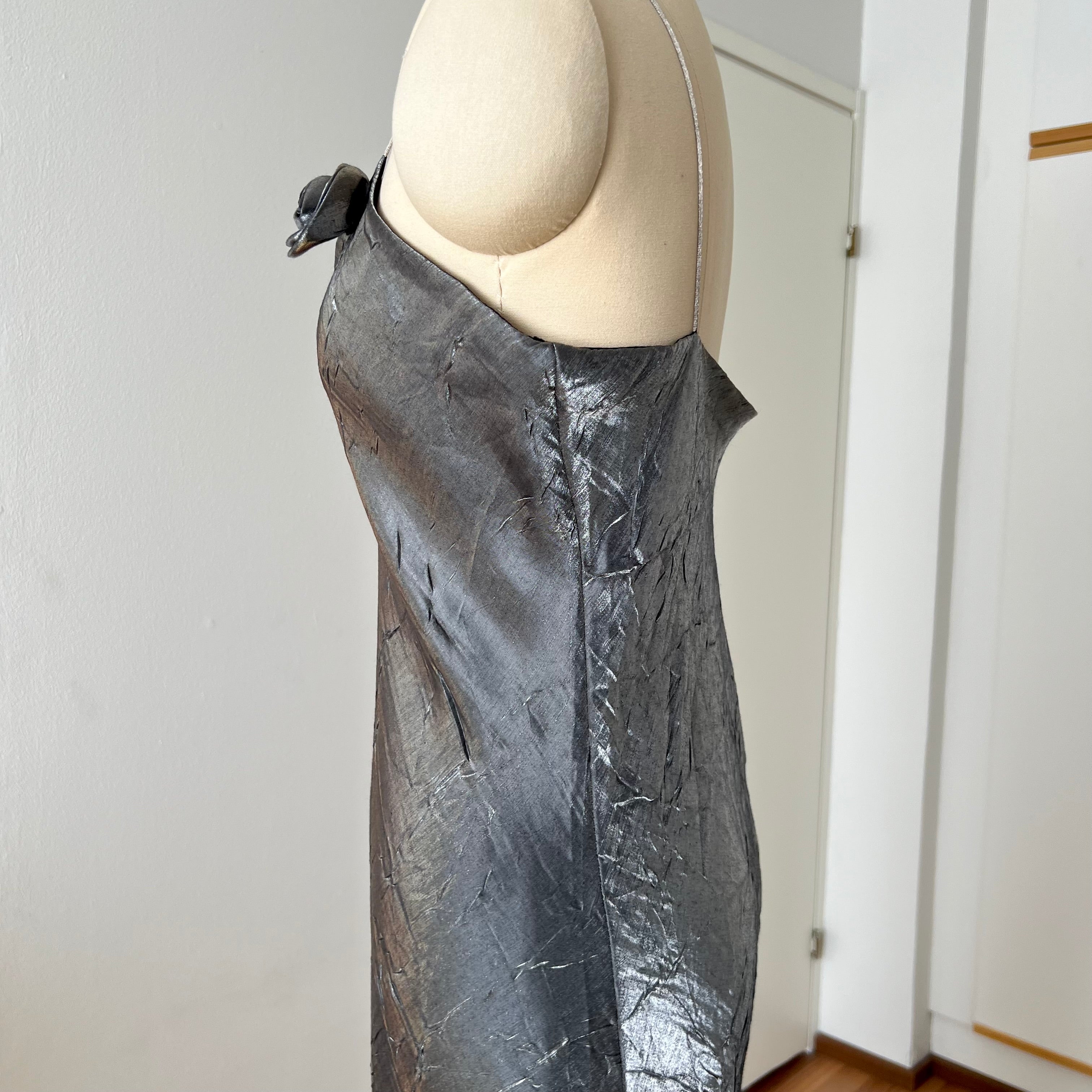 Y2K  Silver Slip Spaghetti Straps Dress-Liquid Mettalic Crinkle Maxi Dress