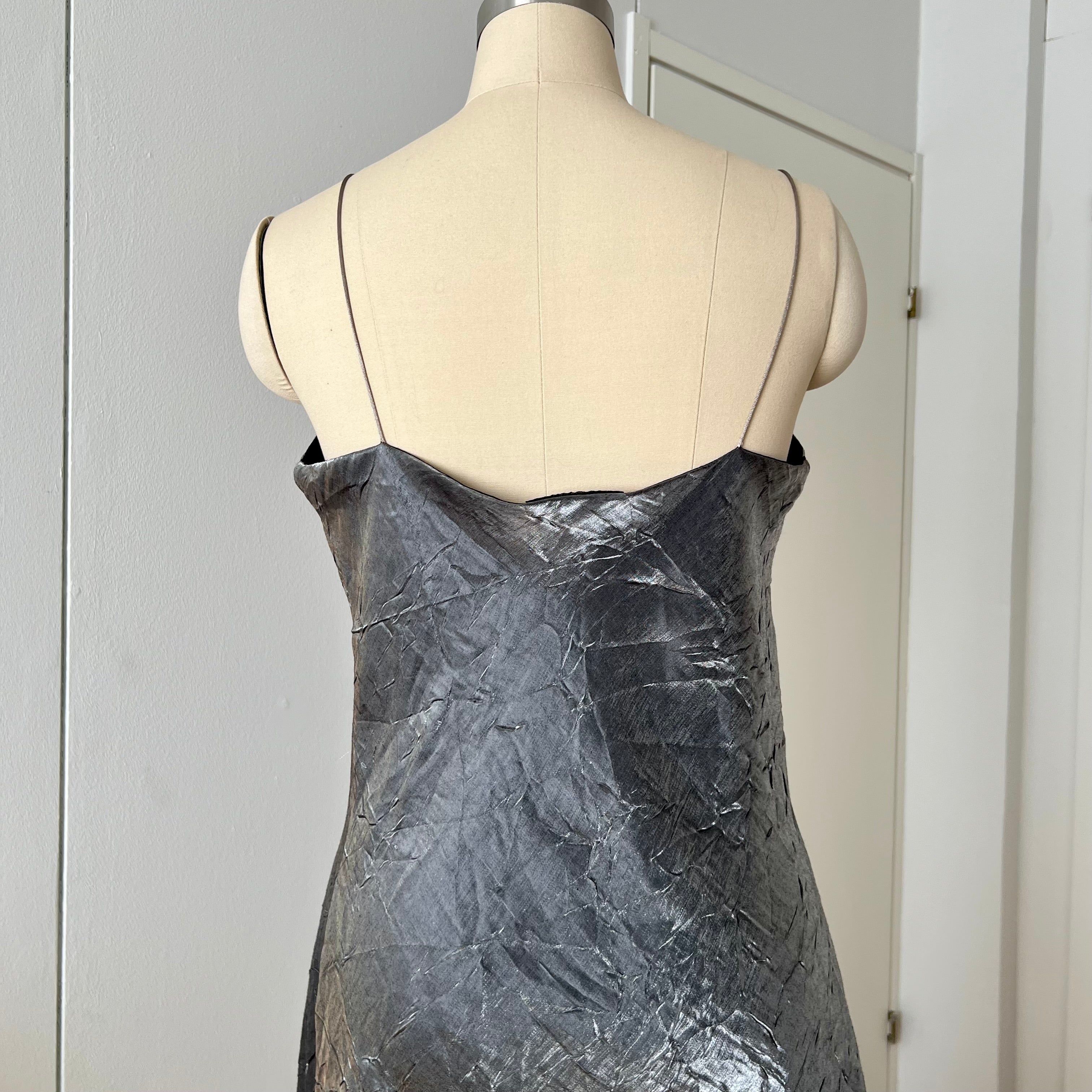 Y2K  Silver Slip Spaghetti Straps Dress-Liquid Mettalic Crinkle Maxi Dress
