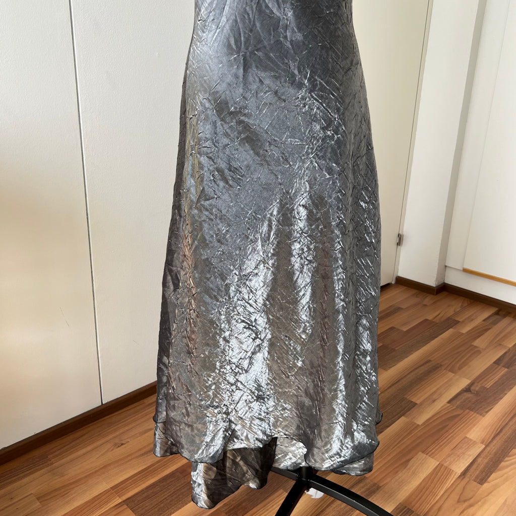 Y2K  Silver Slip Spaghetti Straps Dress-Liquid Mettalic Crinkle Maxi Dress