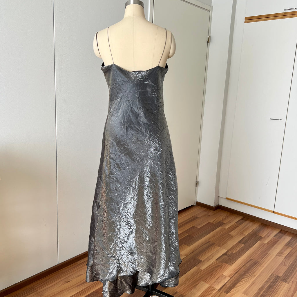 Y2K  Silver Slip Spaghetti Straps Dress-Liquid Mettalic Crinkle Maxi Dress