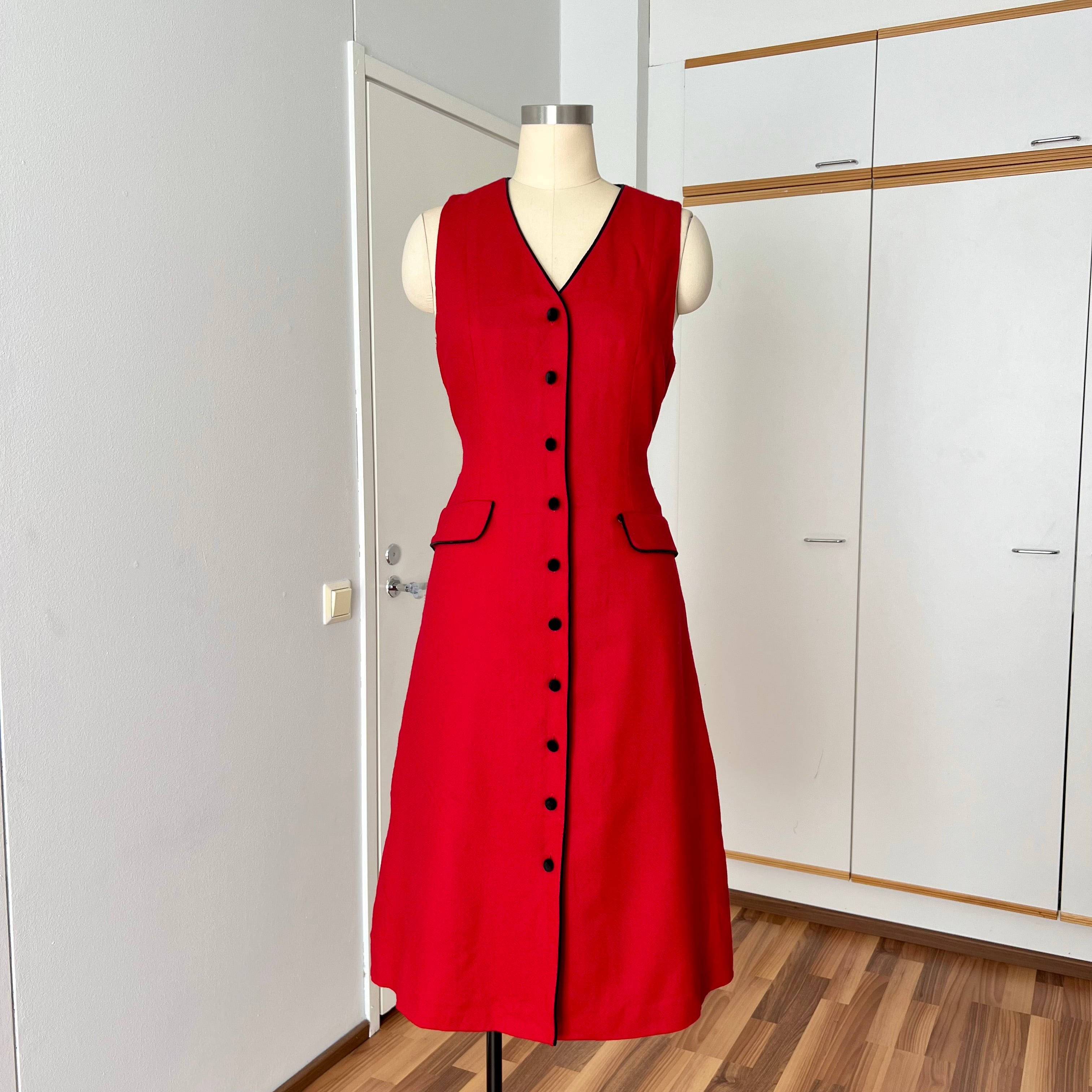 1990s Red Button Front Midi Dress TALBOTS-Sleeveless Pinafore V Neck Dress