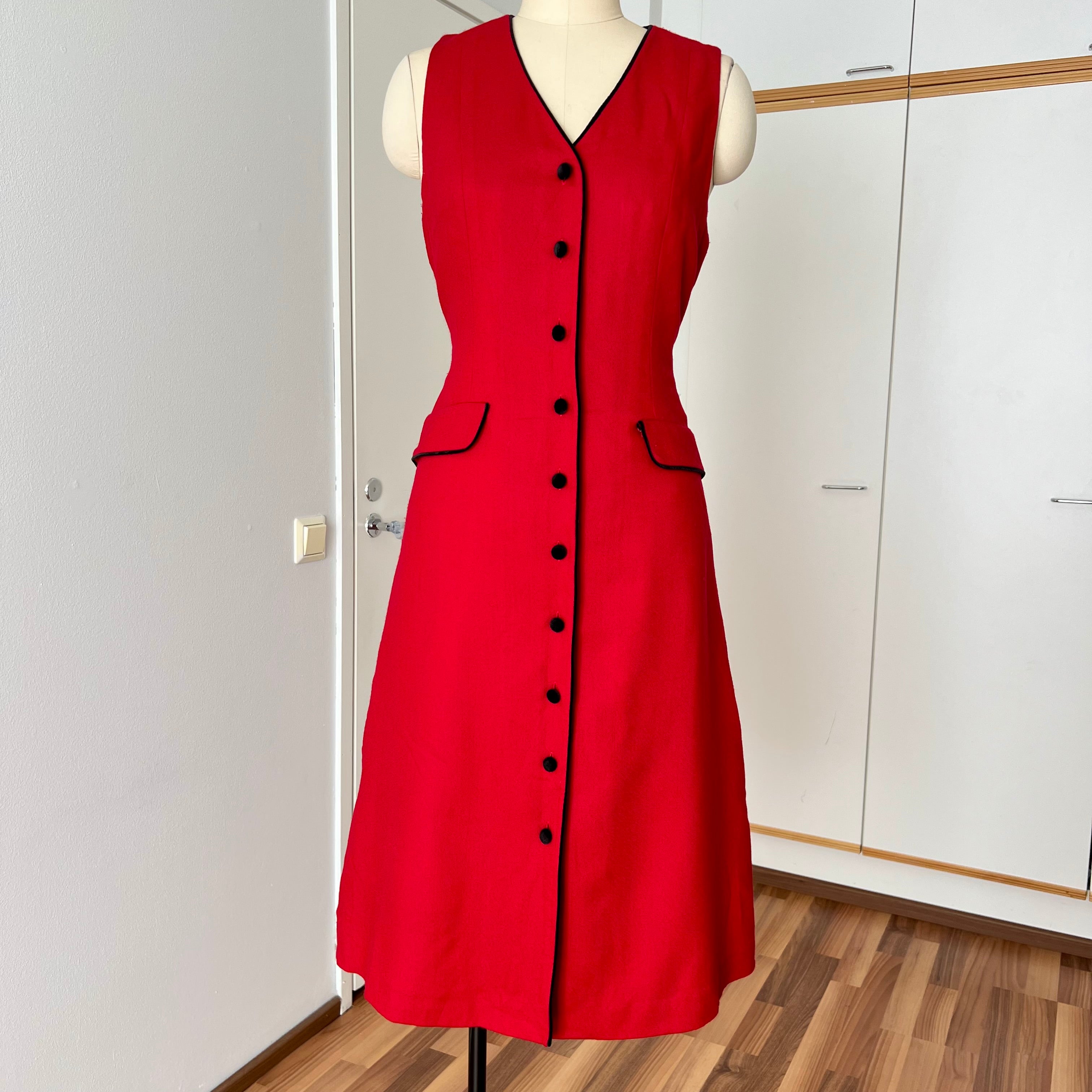 1990s Red Button Front Midi Dress TALBOTS-Sleeveless Pinafore V Neck Dress
