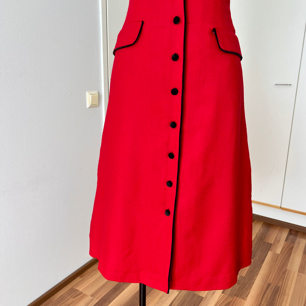 1990s Red Button Front Midi Dress TALBOTS-Sleeveless Pinafore V Neck Dress