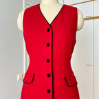1990s Red Button Front Midi Dress TALBOTS-Sleeveless Pinafore V Neck Dress