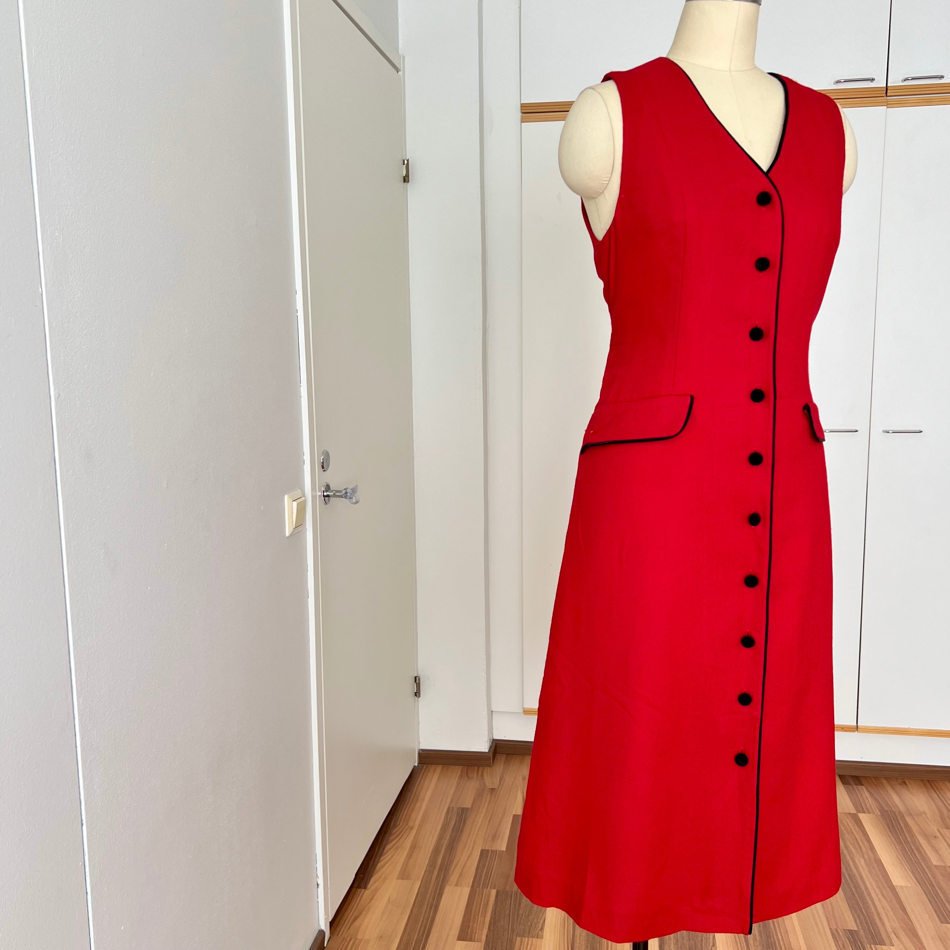 1990s Red Button Front Midi Dress TALBOTS-Sleeveless Pinafore V Neck Dress