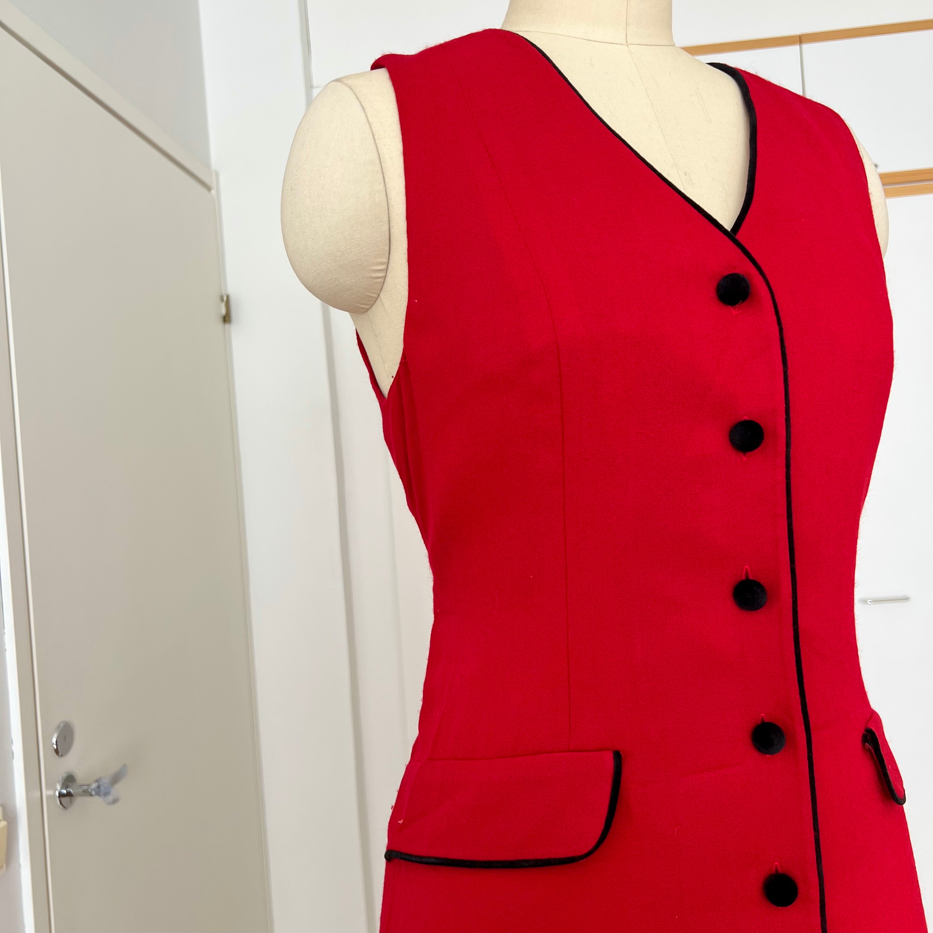 1990s Red Button Front Midi Dress TALBOTS-Sleeveless Pinafore V Neck Dress