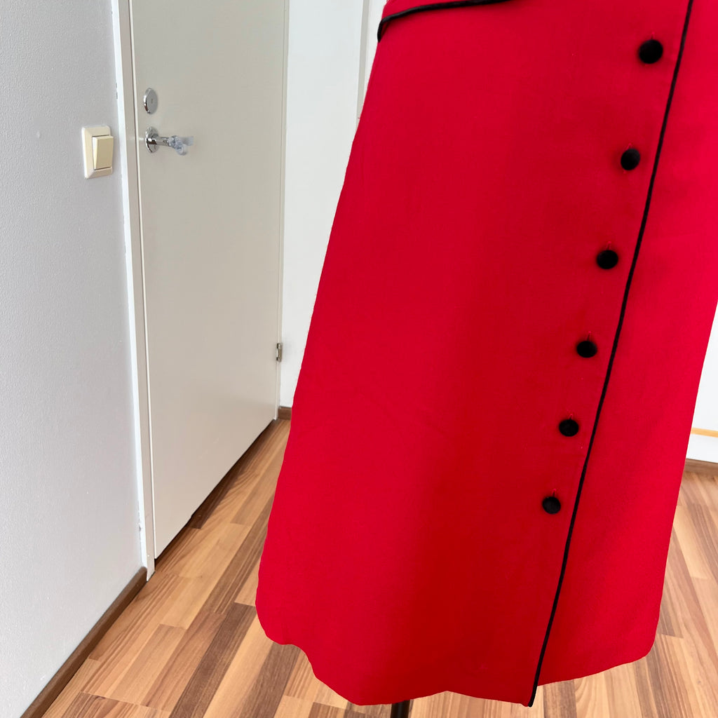 1990s Red Button Front Midi Dress TALBOTS-Sleeveless Pinafore V Neck Dress