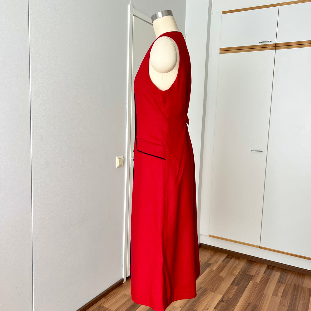 1990s Red Button Front Midi Dress TALBOTS-Sleeveless Pinafore V Neck Dress