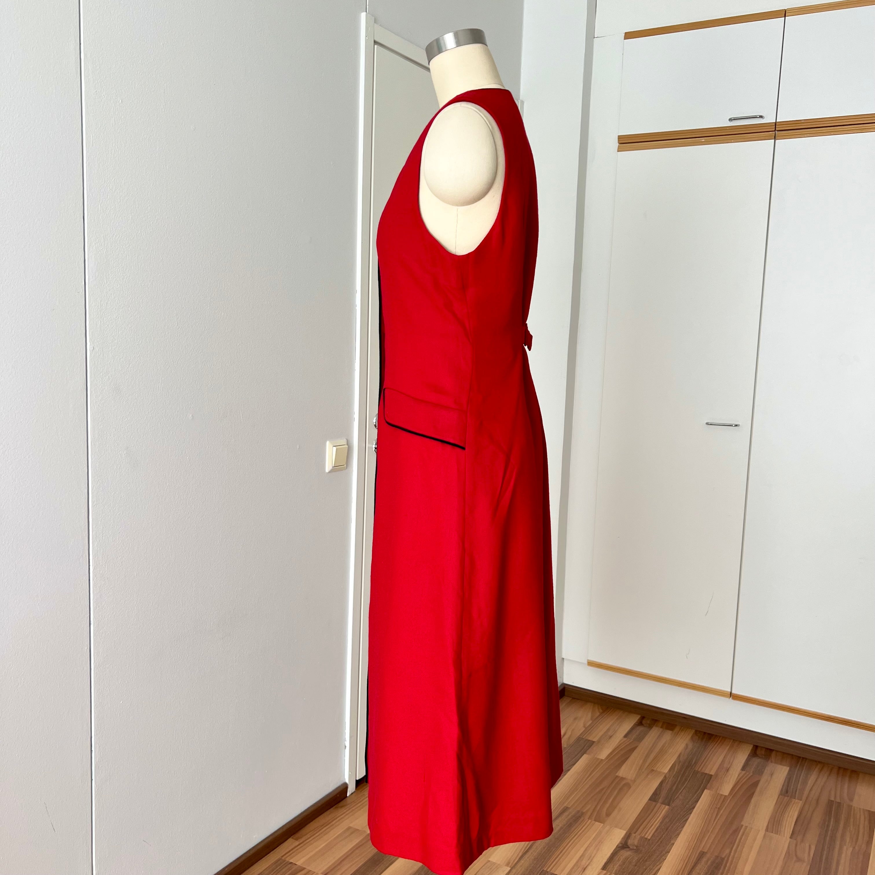 1990s Red Button Front Midi Dress TALBOTS-Sleeveless Pinafore V Neck Dress