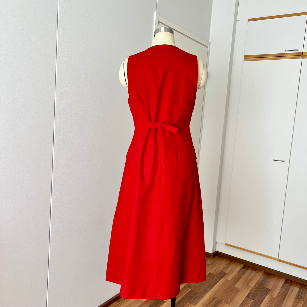 1990s Red Button Front Midi Dress TALBOTS-Sleeveless Pinafore V Neck Dress