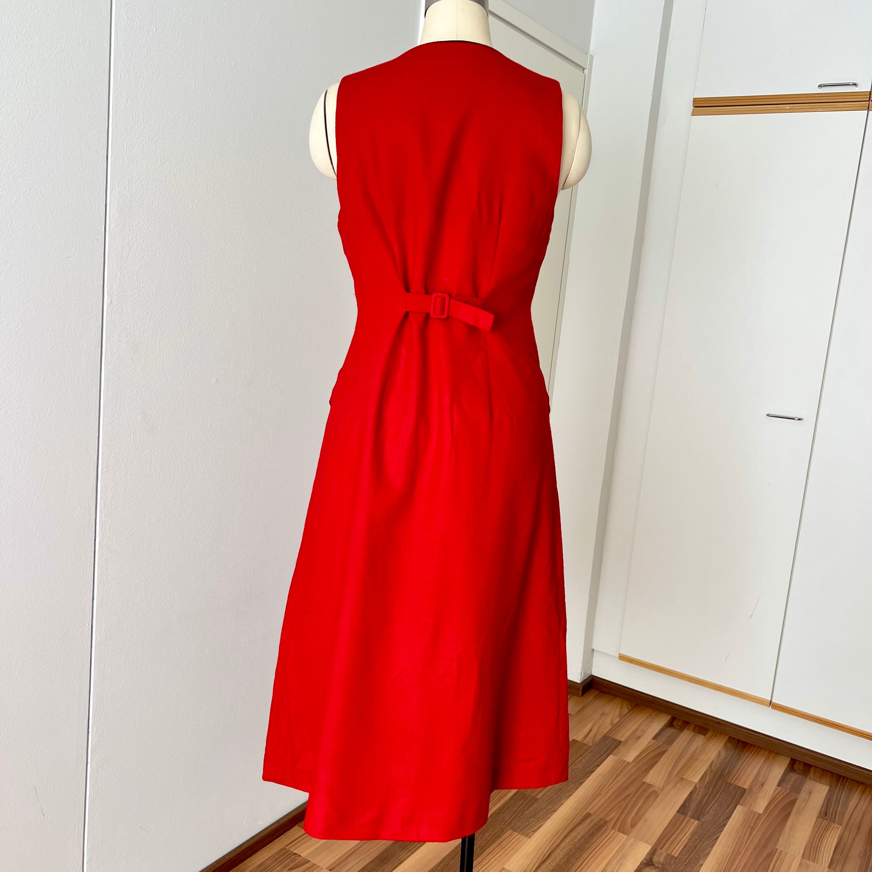 1990s Red Button Front Midi Dress TALBOTS-Sleeveless Pinafore V Neck Dress