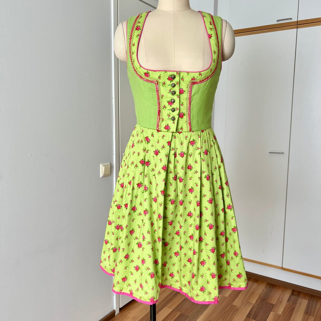 Vintage German Floral Cotton Dirndl-Green Oktoberfest Outfit-Bavarian Trachten Dress EU 36