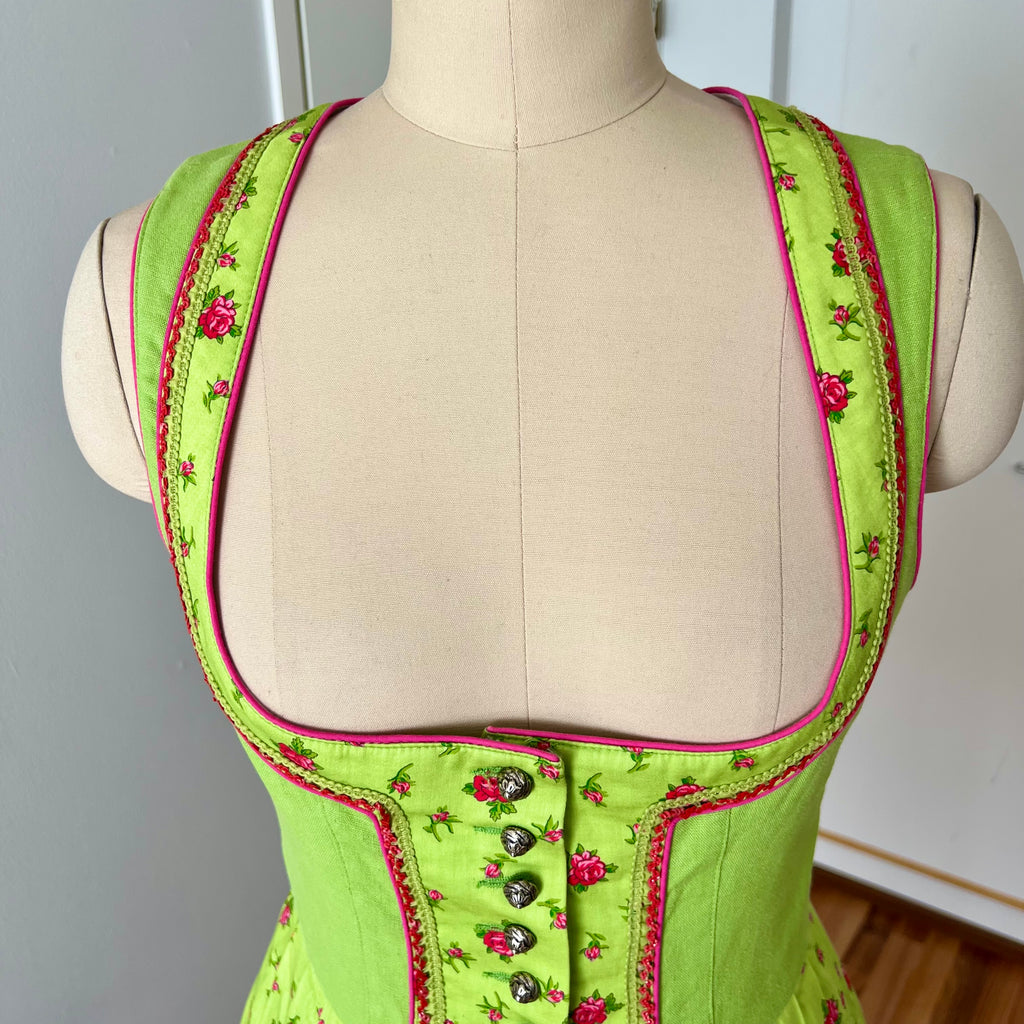 Vintage German Floral Cotton Dirndl-Green Oktoberfest Outfit-Bavarian Trachten Dress EU 36