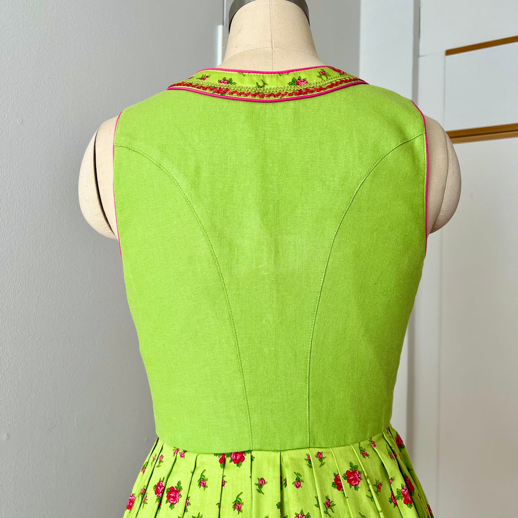 Vintage German Floral Cotton Dirndl-Green Oktoberfest Outfit-Bavarian Trachten Dress EU 36