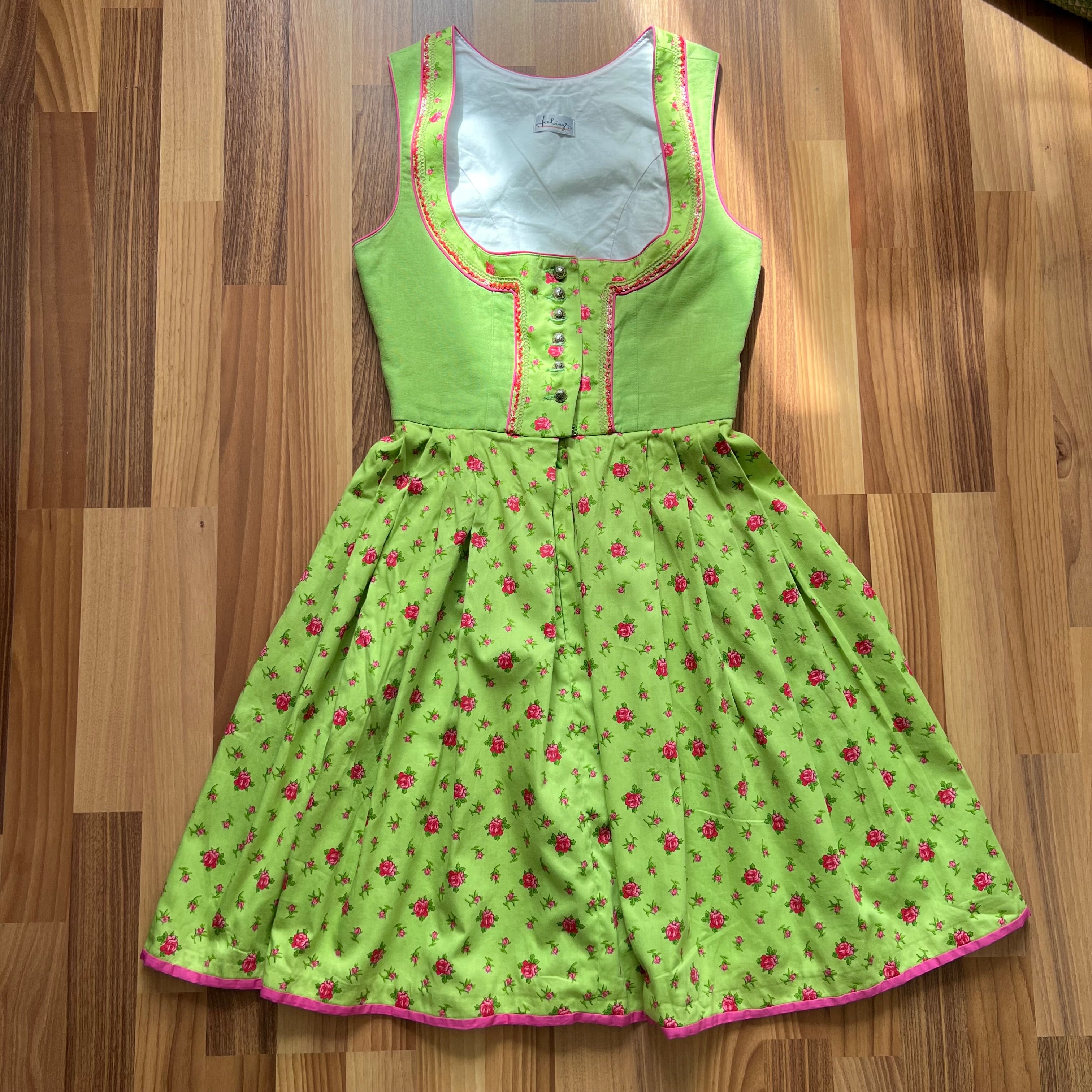 Vintage German Floral Cotton Dirndl-Green Oktoberfest Outfit-Bavarian Trachten Dress EU 36