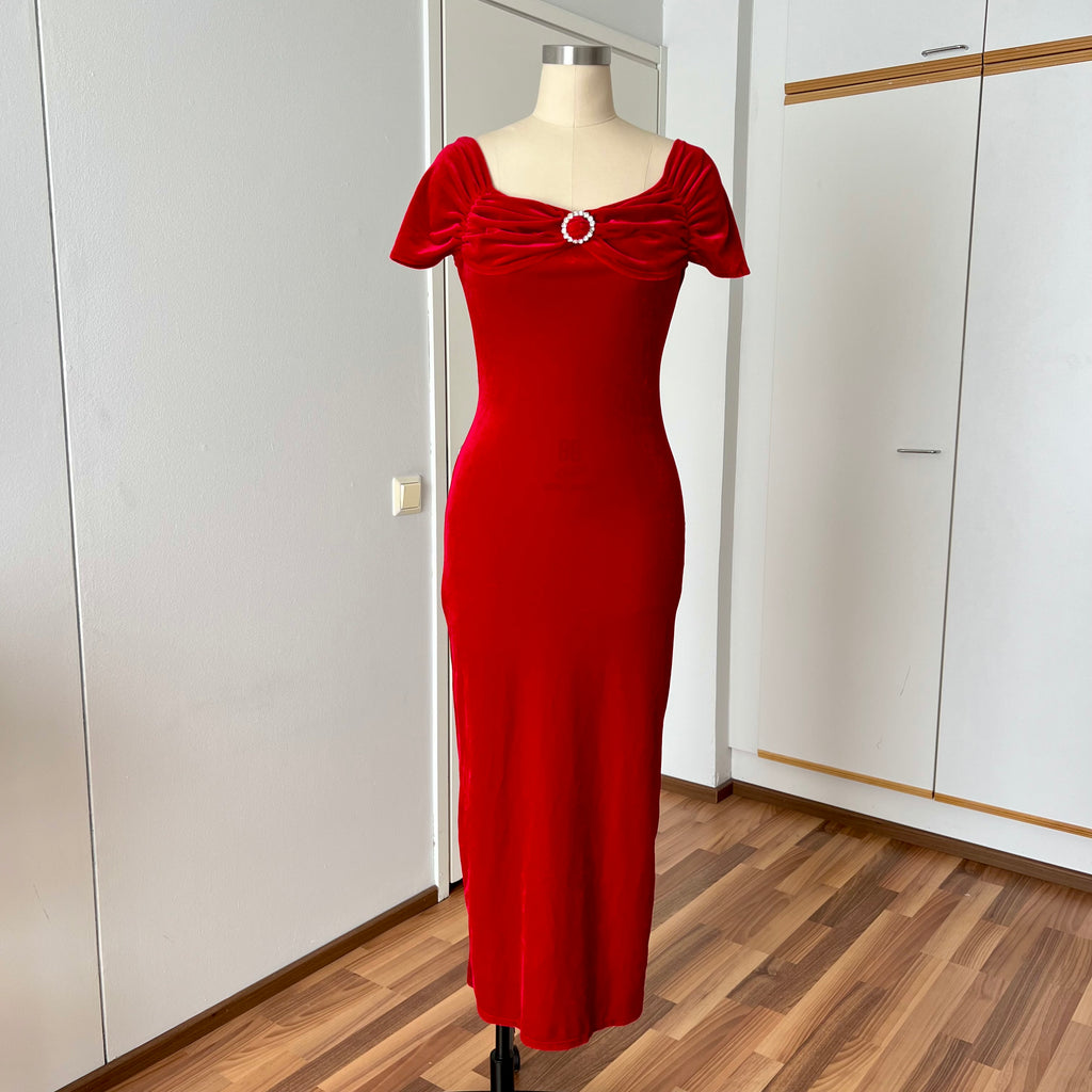 Vintage Italian Red Velvet Maxi Dress-Off Shoulder Vampy Gown