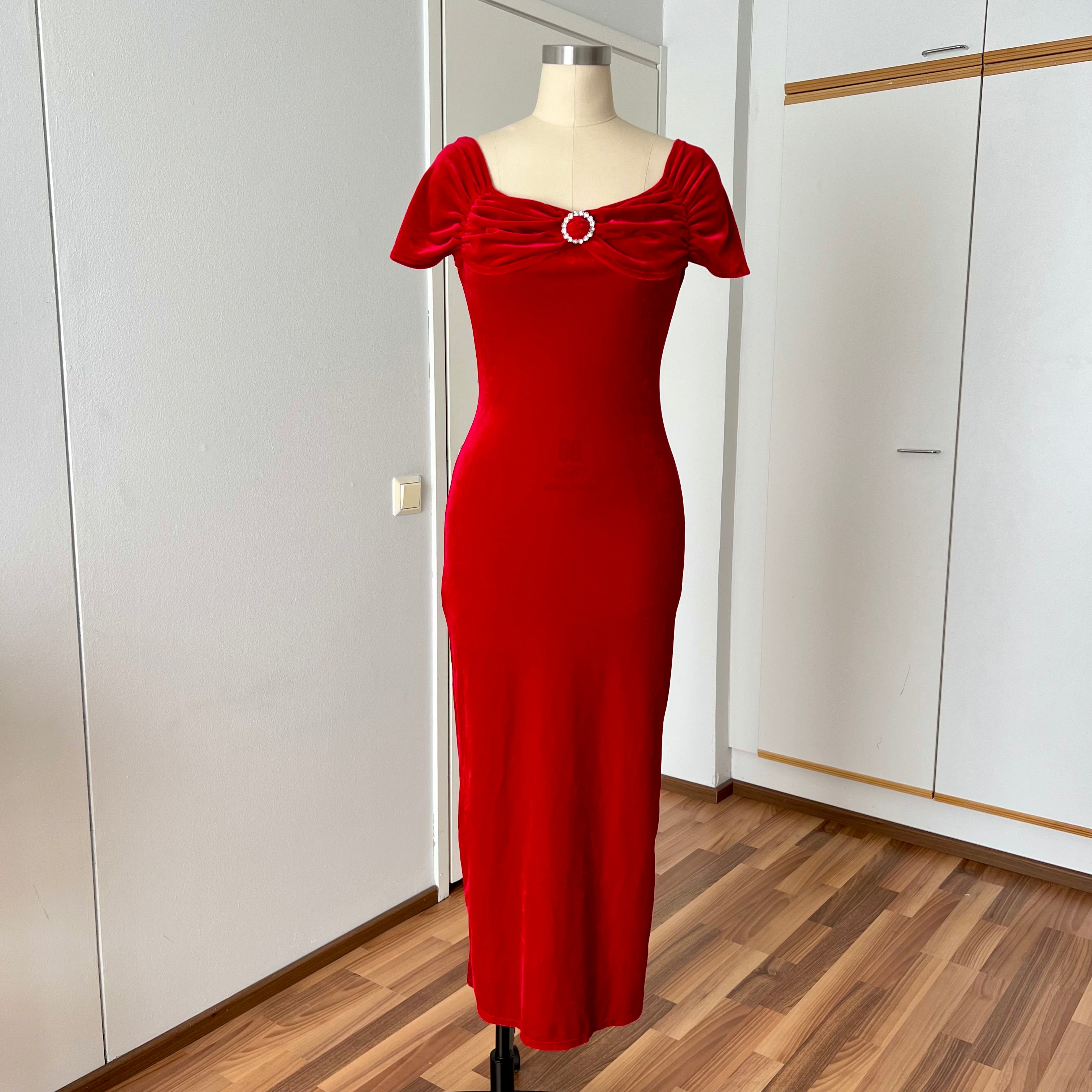 Vintage Italian Red Velvet Maxi Dress-Off Shoulder Vampy Gown