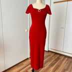 Vintage Italian Red Velvet Maxi Dress-Off Shoulder Vampy Gown
