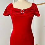 Vintage Italian Red Velvet Maxi Dress-Off Shoulder Vampy Gown