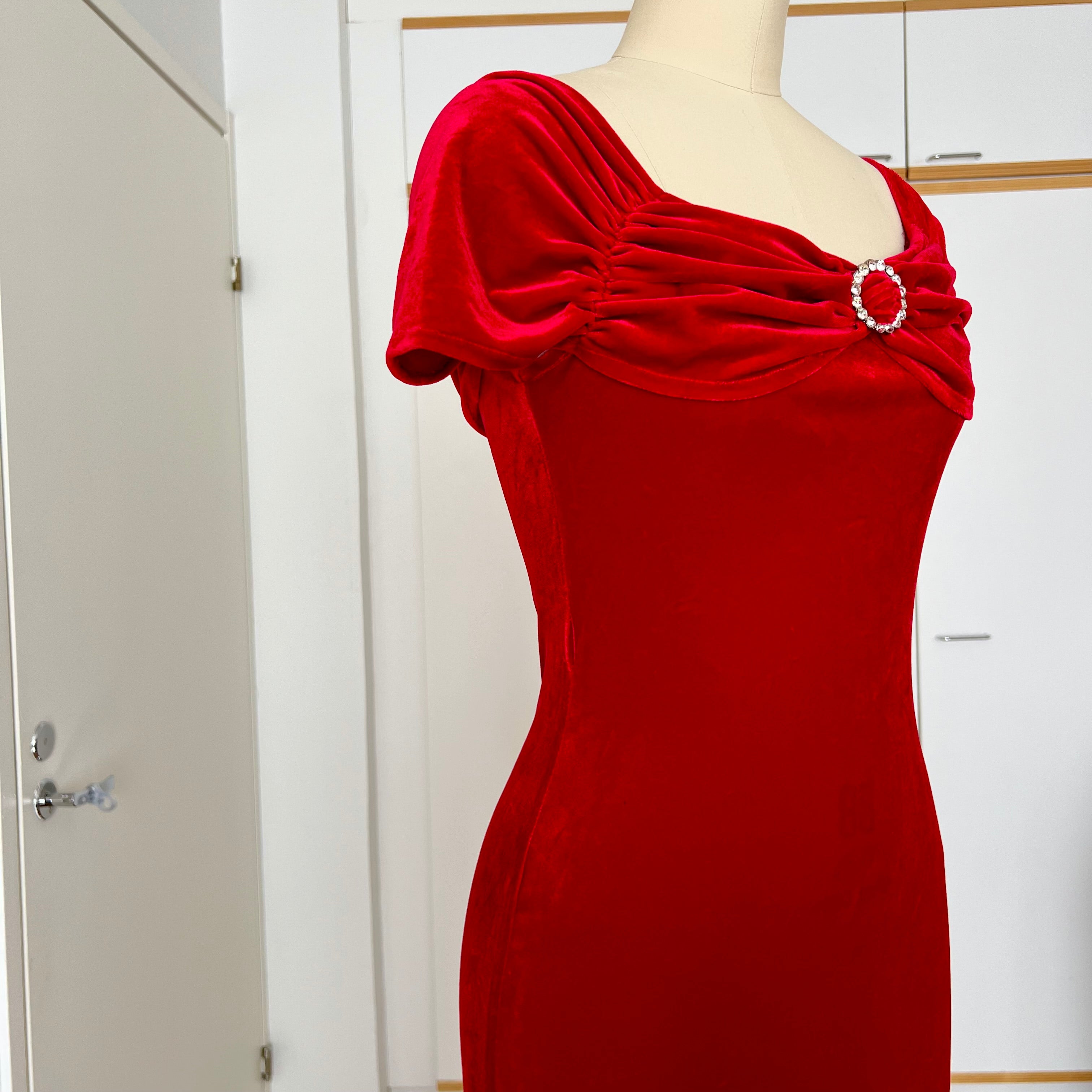 Vintage Italian Red Velvet Maxi Dress-Off Shoulder Vampy Gown