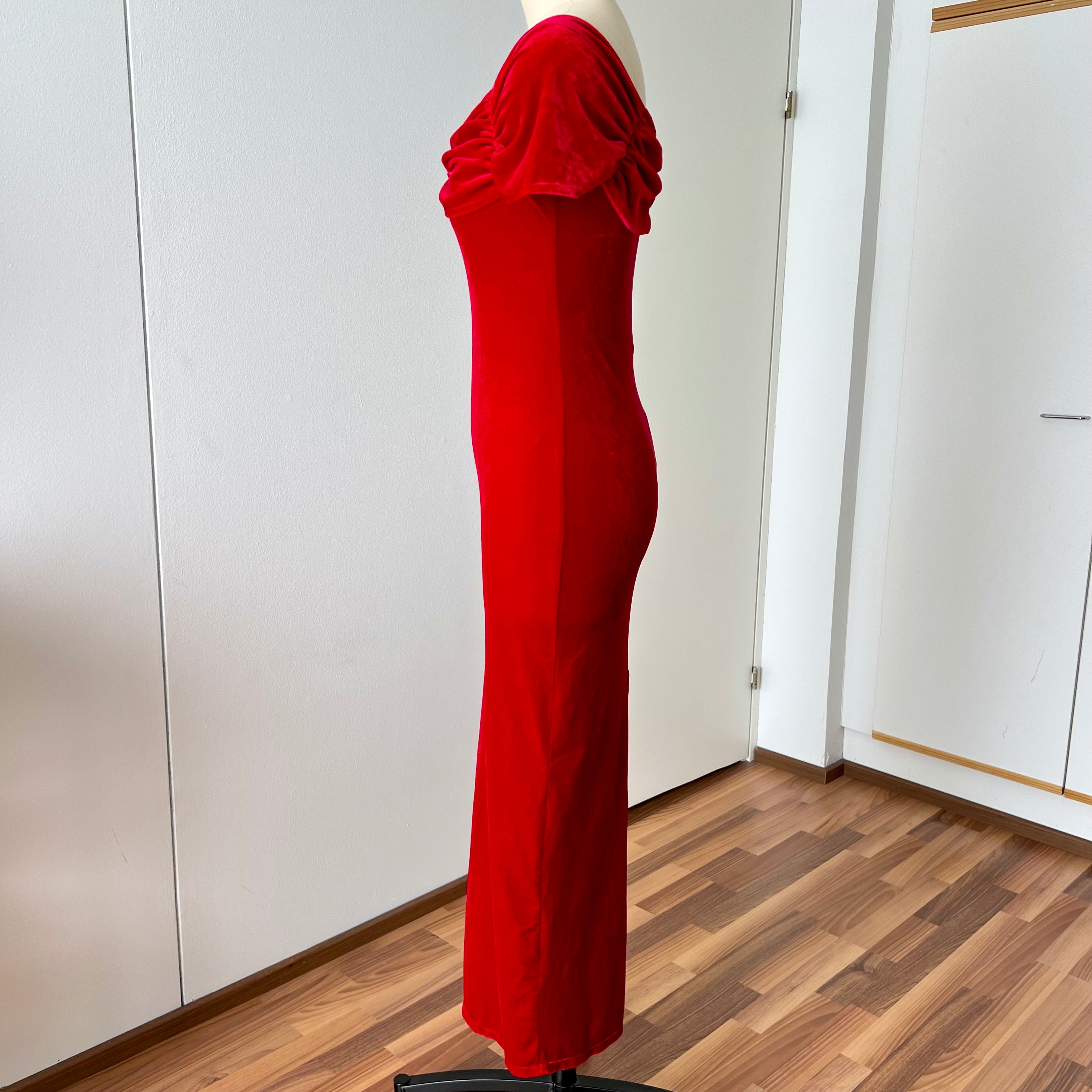 Vintage Italian Red Velvet Maxi Dress-Off Shoulder Vampy Gown