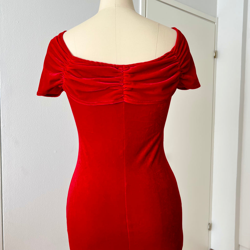 Vintage Italian Red Velvet Maxi Dress-Off Shoulder Vampy Gown
