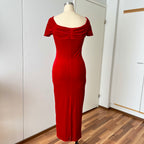 Vintage Italian Red Velvet Maxi Dress-Off Shoulder Vampy Gown