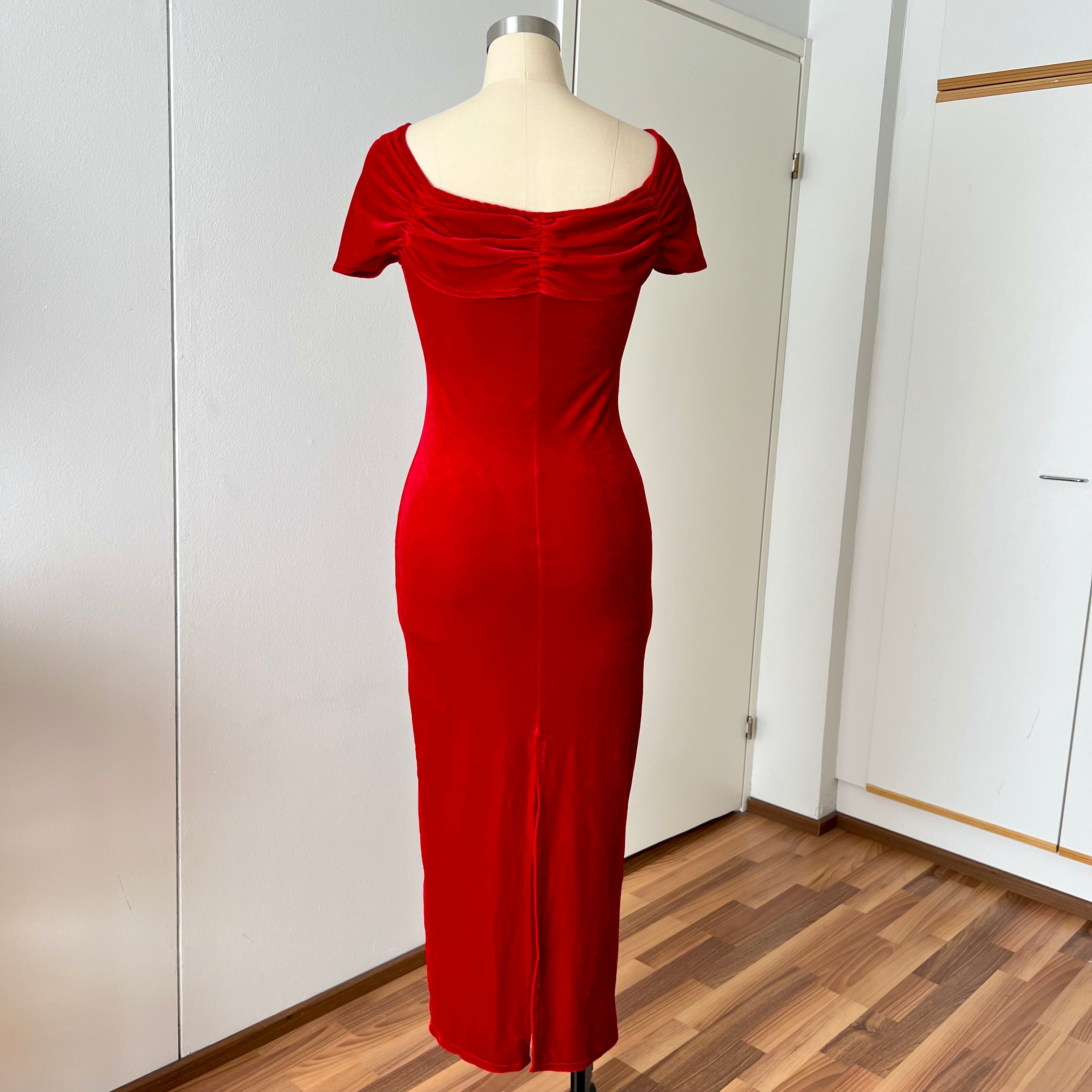 Vintage Italian Red Velvet Maxi Dress-Off Shoulder Vampy Gown